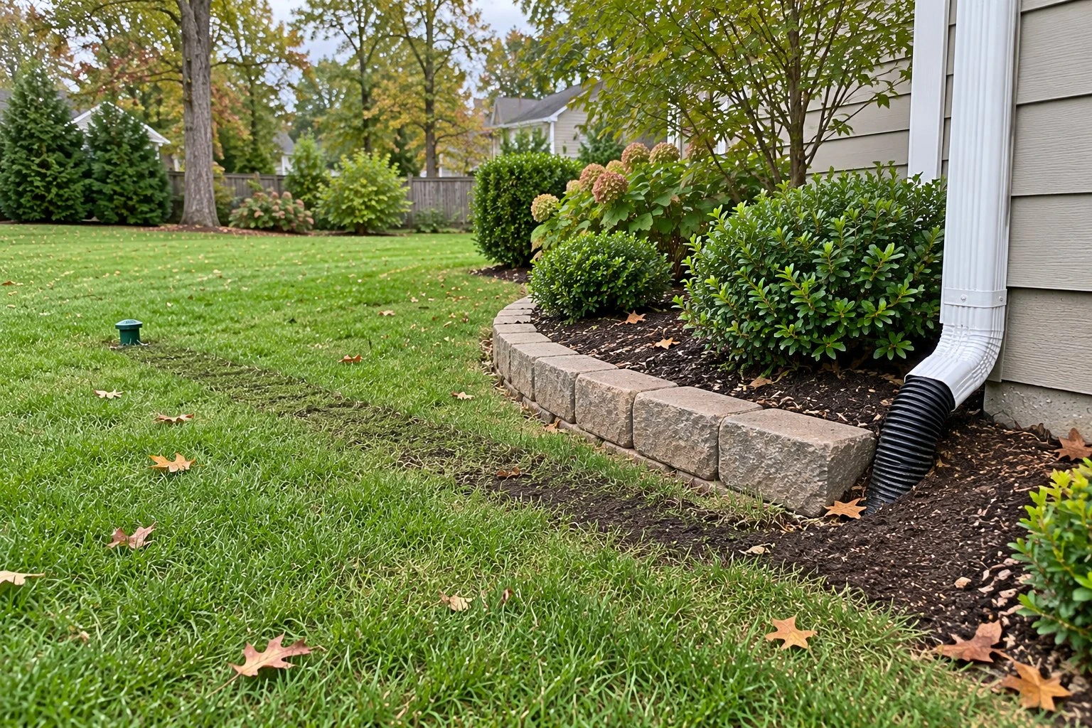 Downspout connected to a buried pipe that runs out across the lawn