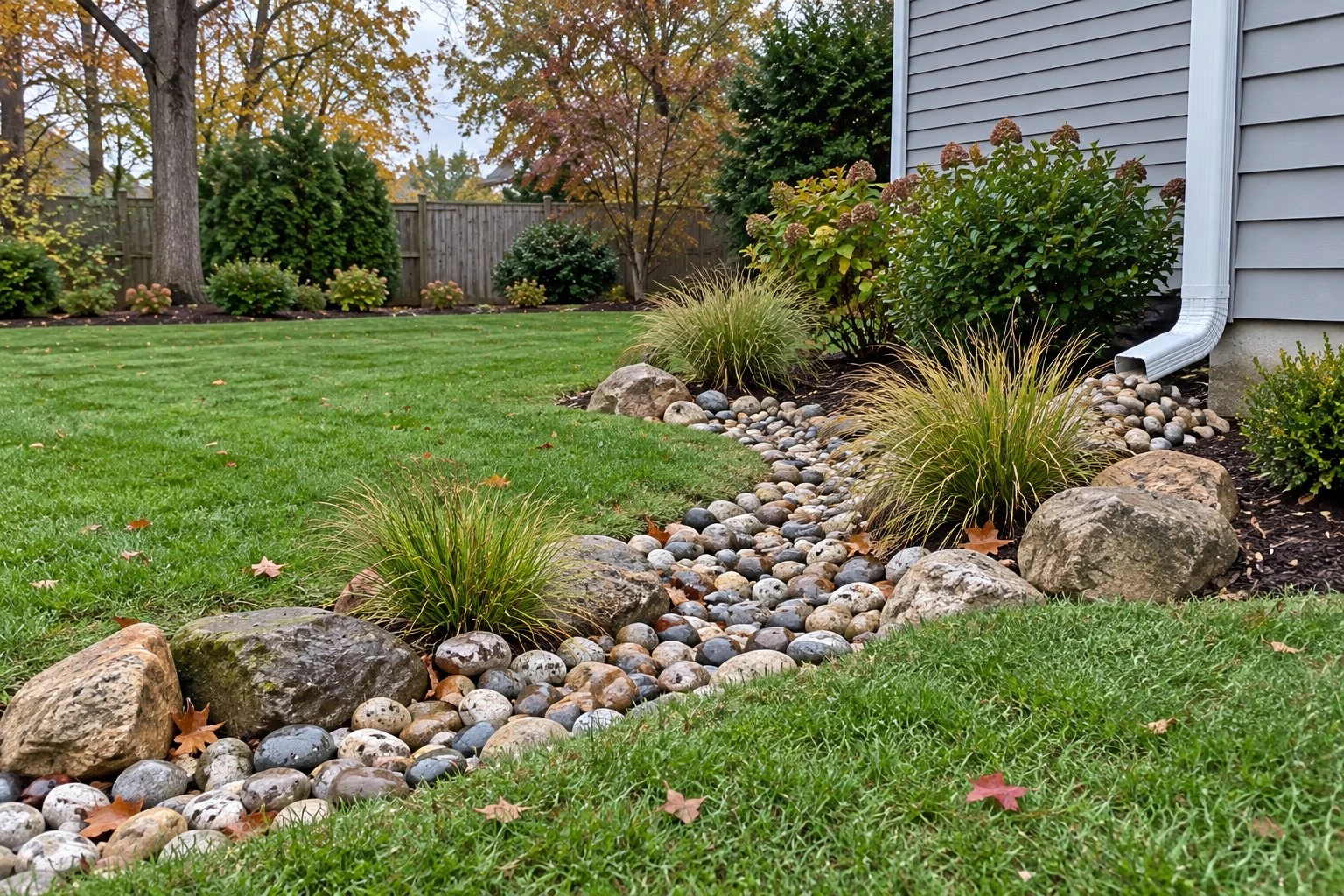 River-rock dry creek bed with boulders and ornamental grasses running down a regraded backyard
