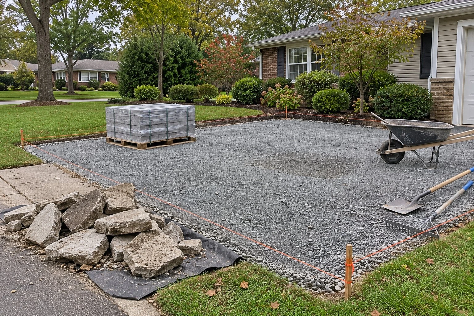 Driveway area after the old concrete was removed: compacted stone base, string lines and a pallet of pavers