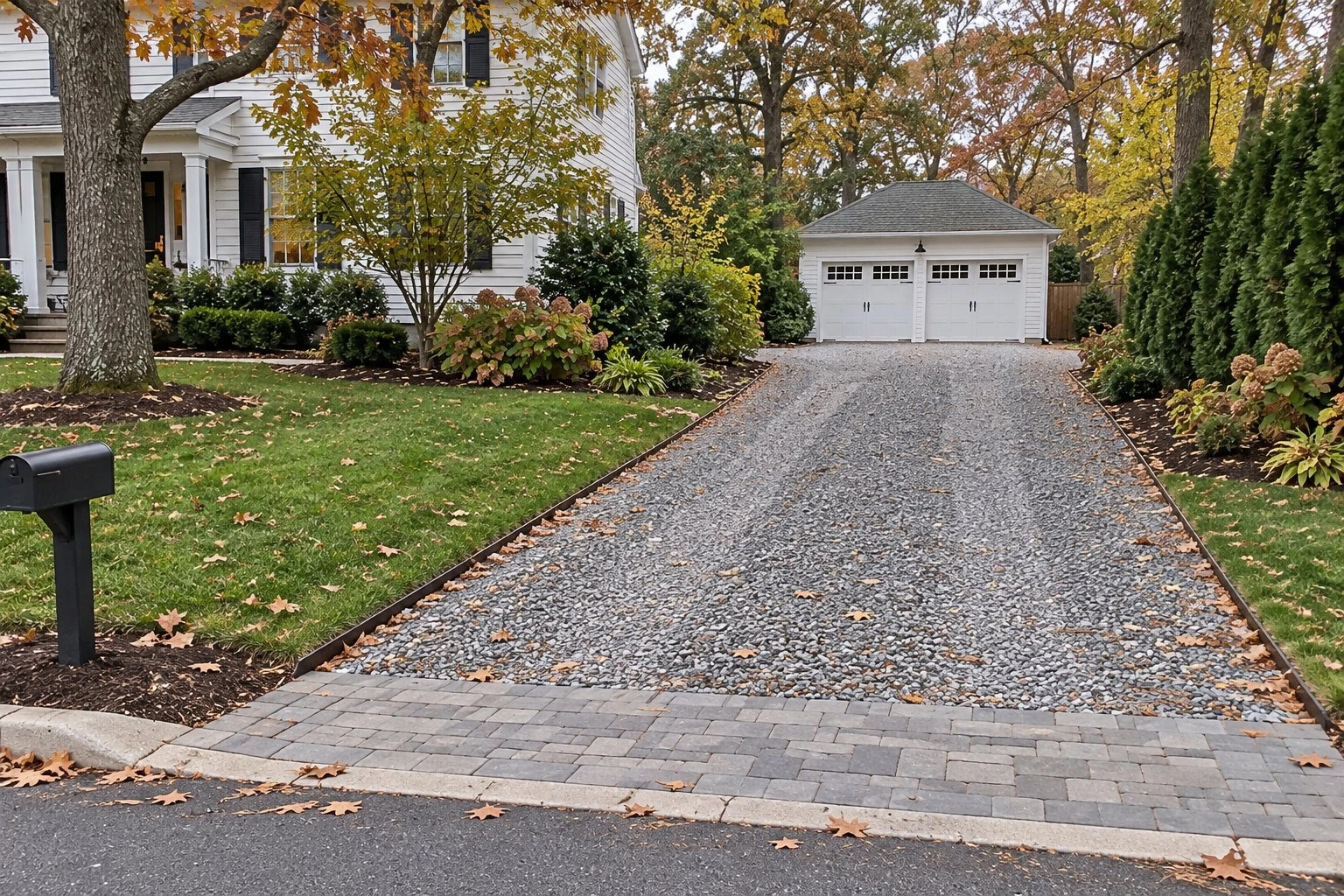 Crushed-stone driveway with steel edging and a paver apron leading to a detached garage