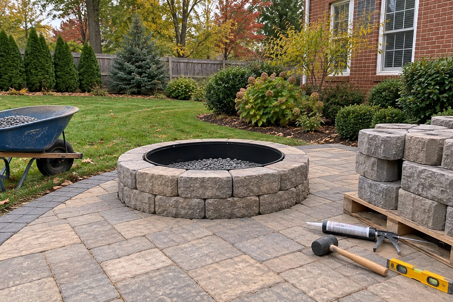 Fire pit being built: two courses of block around a steel ring on a finished paver patio