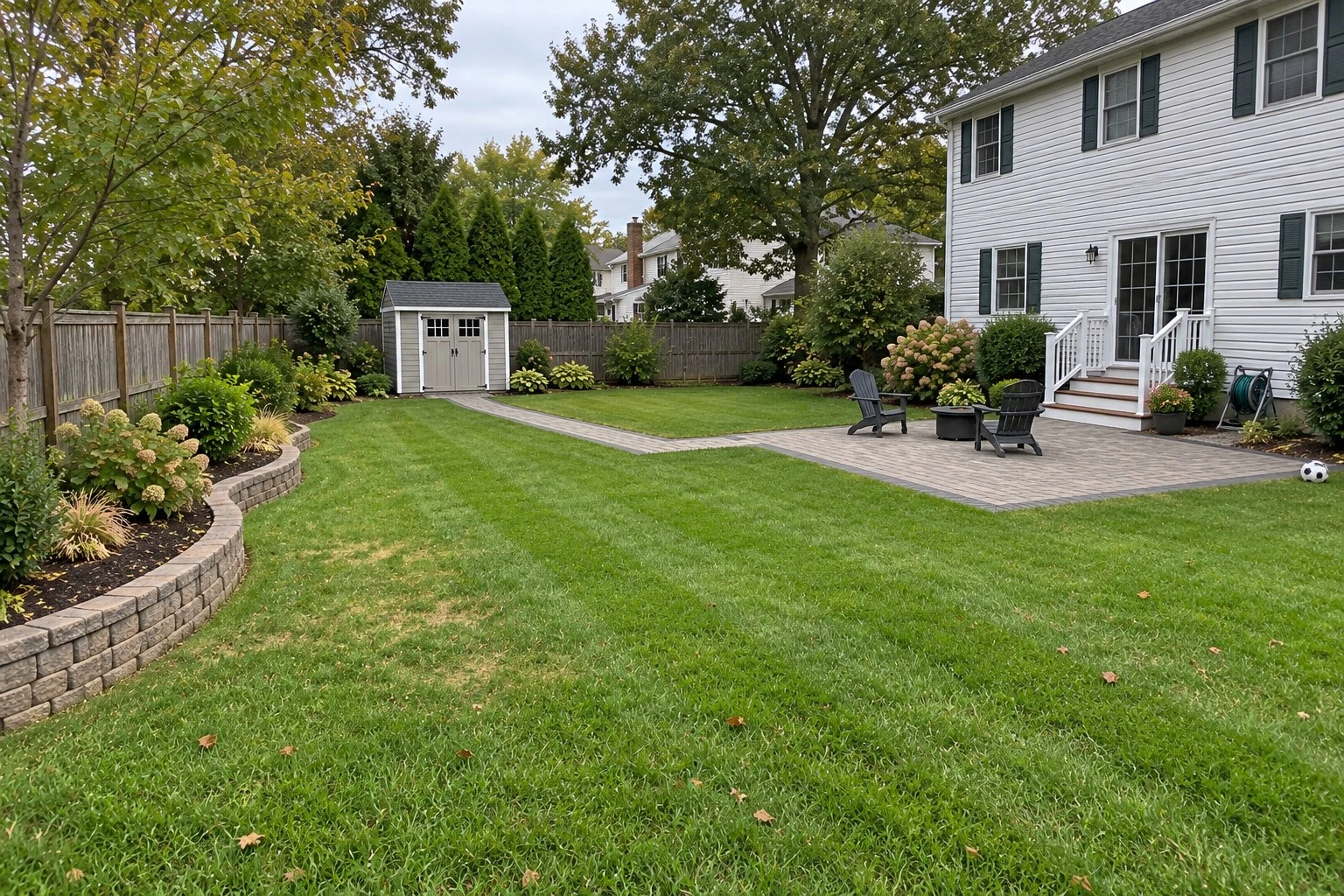 Backyard with a paver patio, a paver path to a shed and a planted bed along the fence