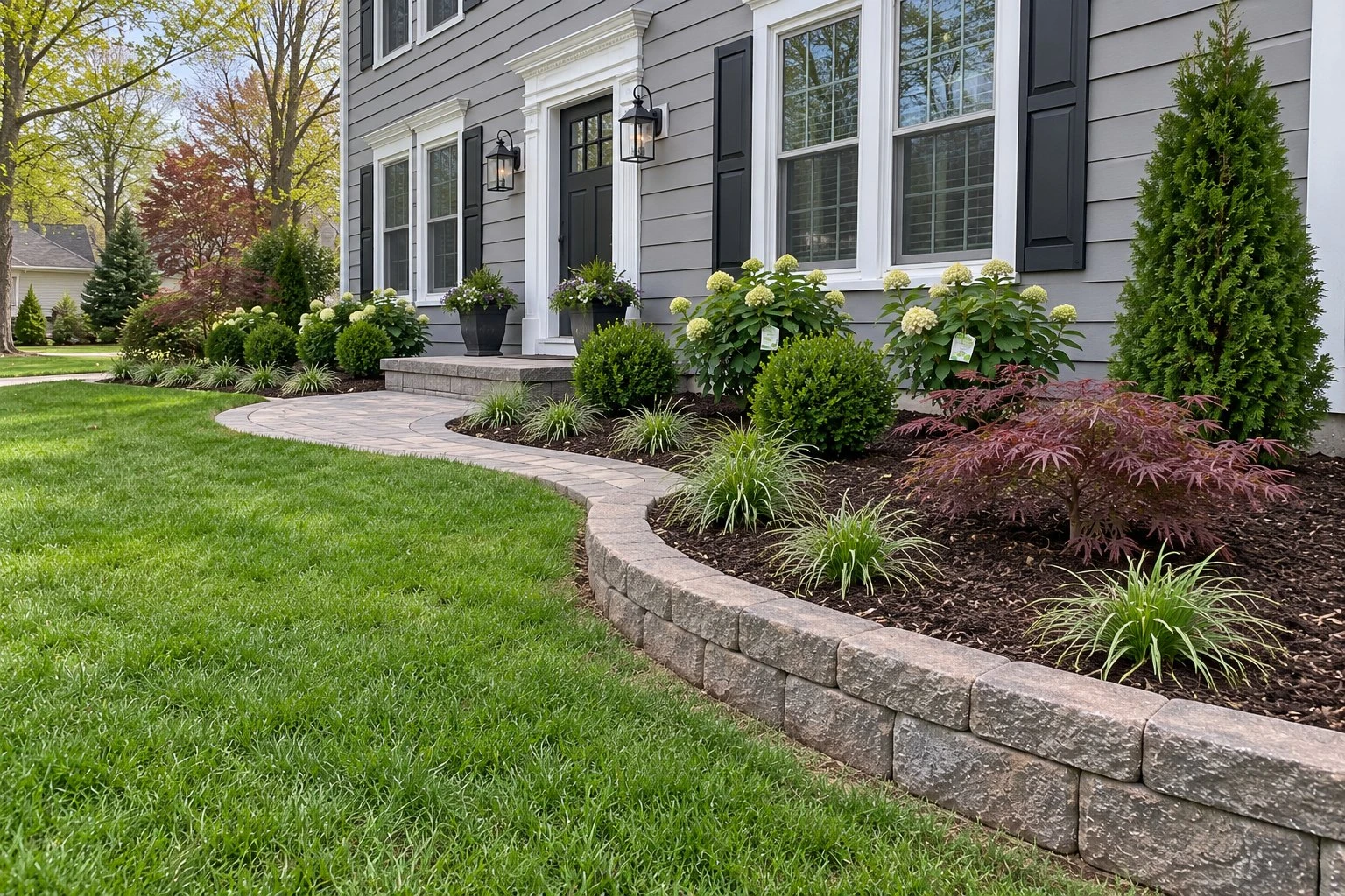 New foundation planting with boxwoods, hydrangeas, a Japanese maple and fresh mulch in front of a grey colonial