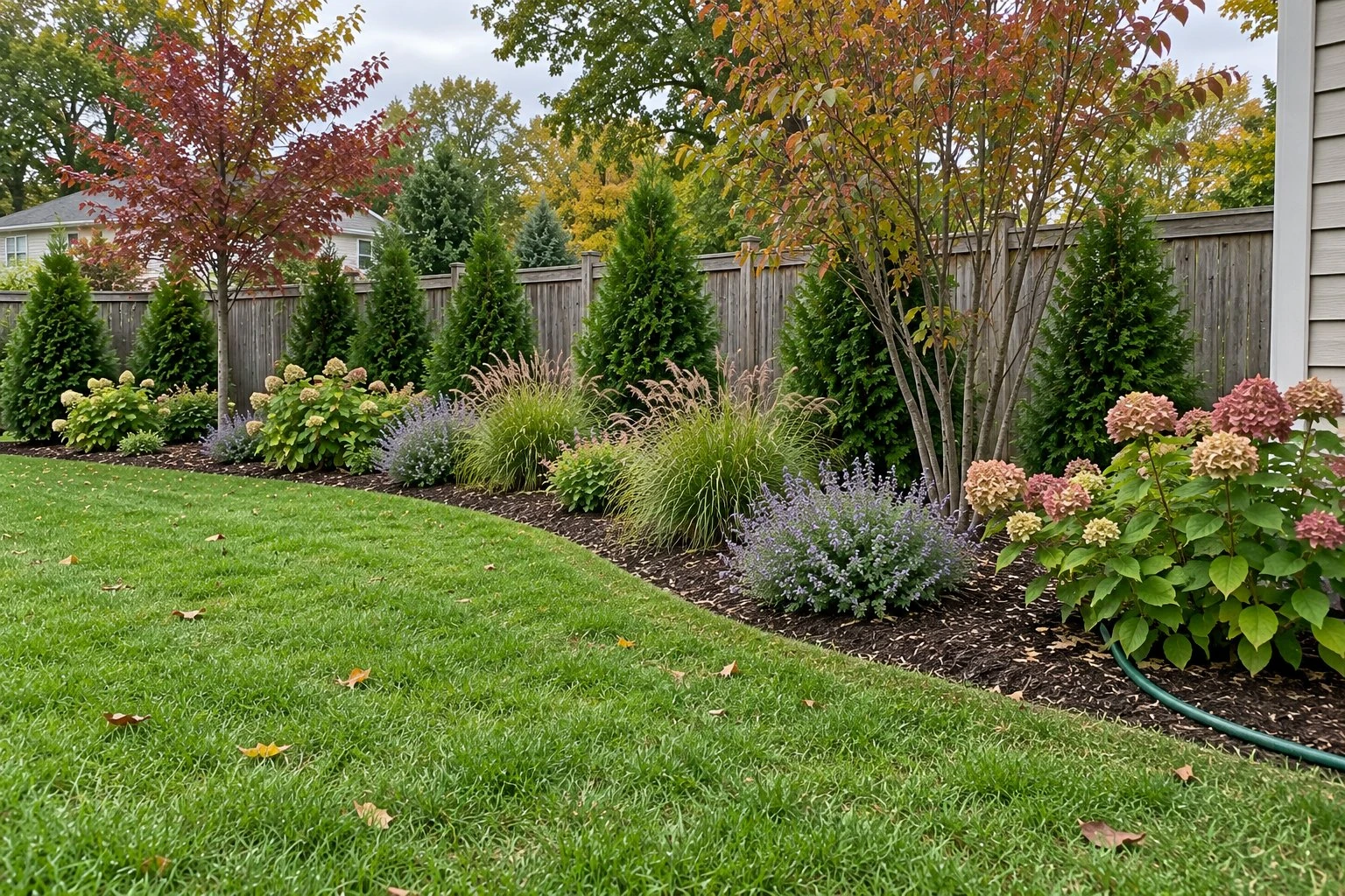 Curved planting bed along a wood fence with young arborvitae, a red maple, hydrangeas, grasses and catmint