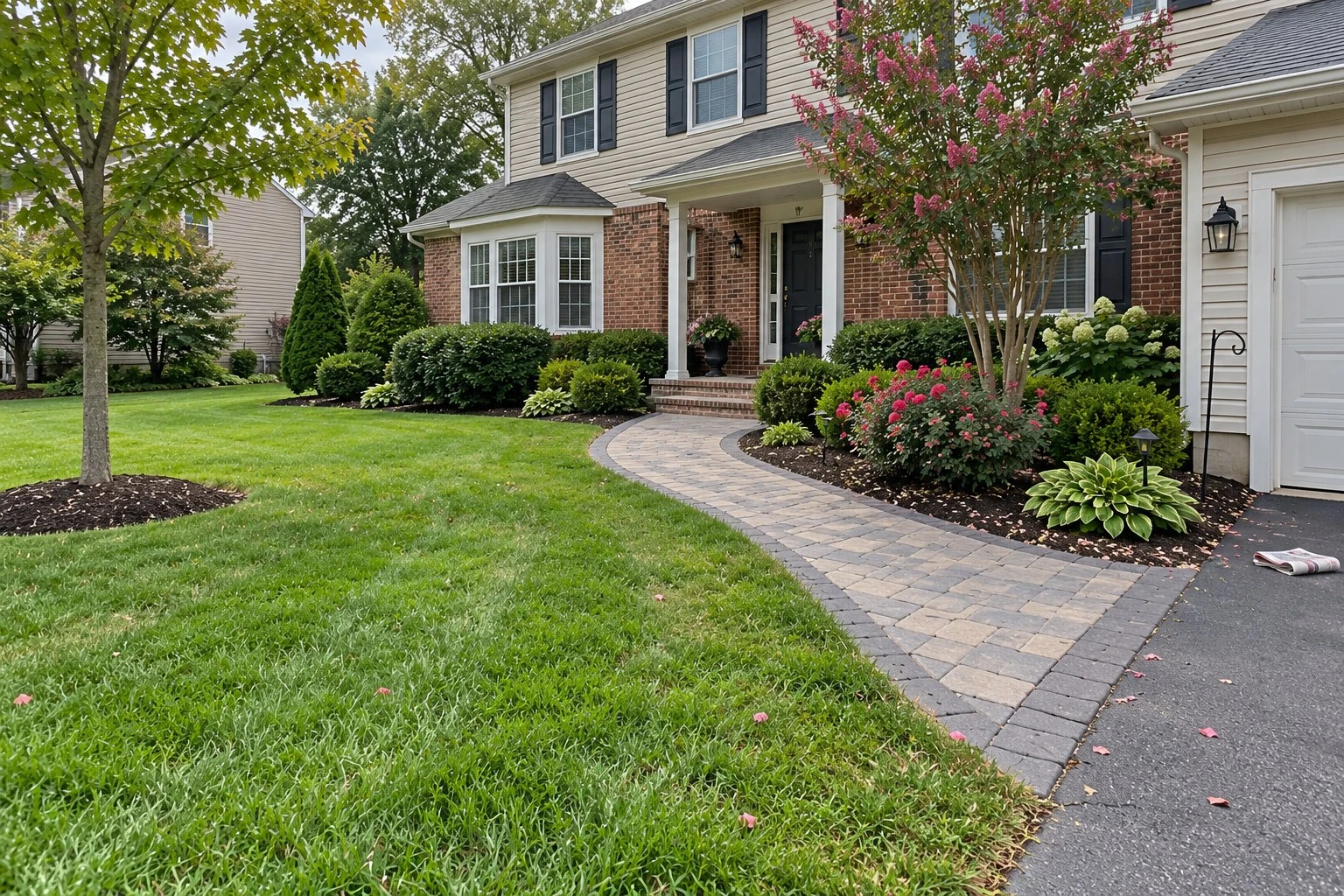Paver front walkway and planted beds in front of a two-story house
