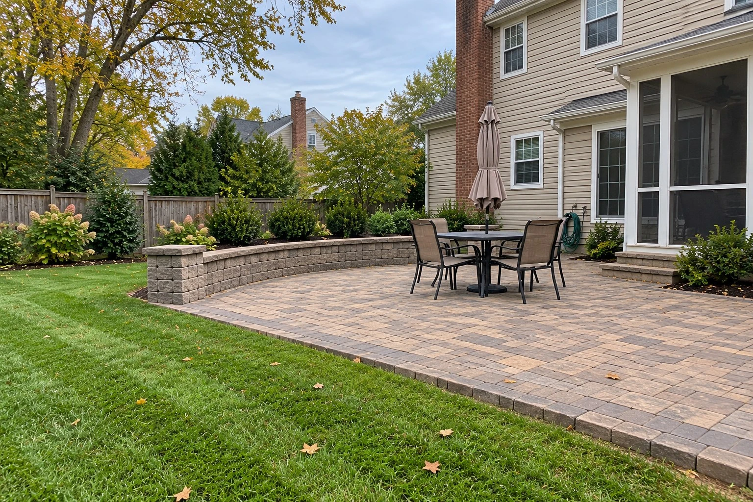 Paver patio with a low curved seating wall behind a two-story house