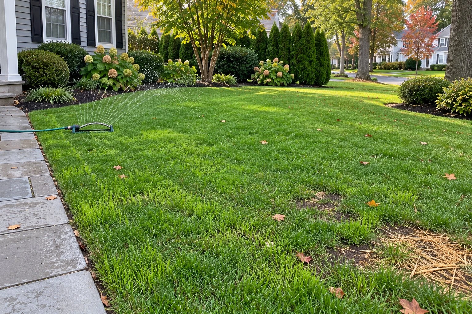 Front lawn filling in with rows of new grass seedlings beside a concrete walkway