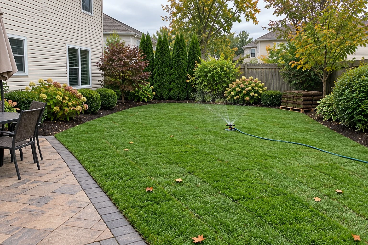 Freshly laid and watered sod with visible seams behind a beige house, with a sprinkler on the lawn