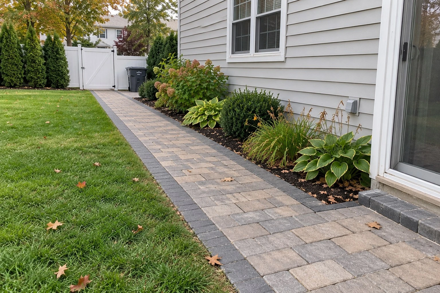 Straight paver walkway with a dark border running across a lawn to a side gate