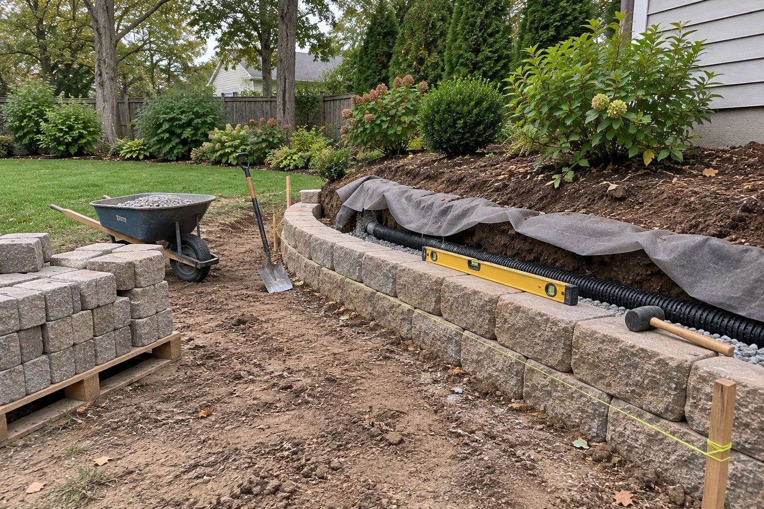 Retaining wall being built: two courses of block on a stone base, with drain pipe and fabric behind it
