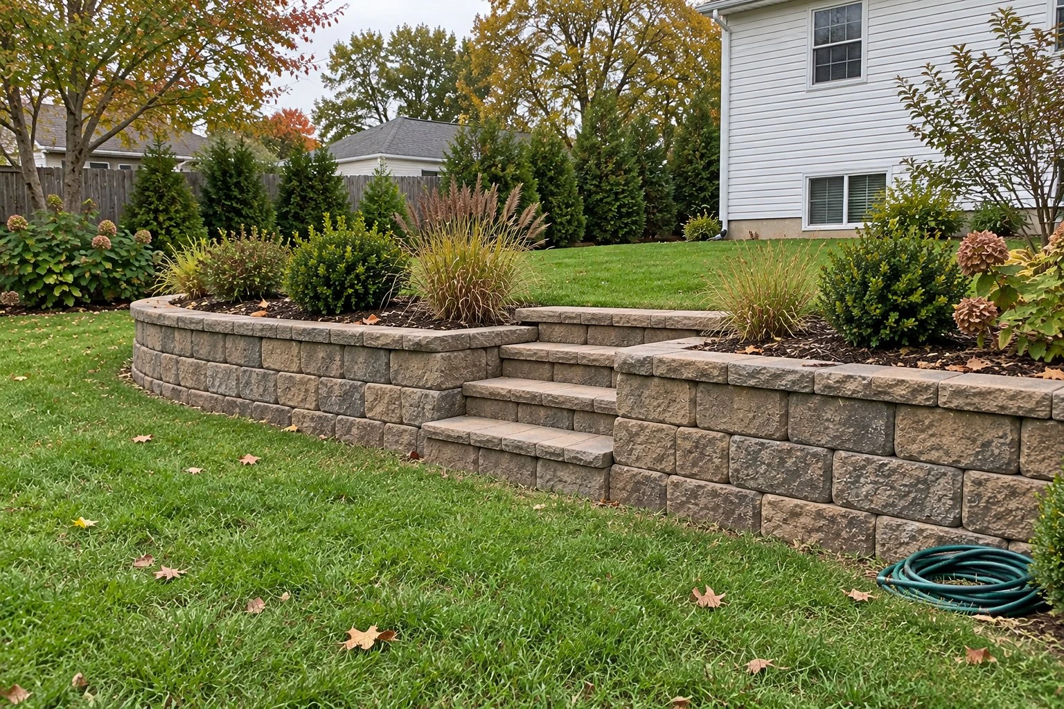 Two-tier block retaining wall with a planted terrace and block steps behind a split-level house