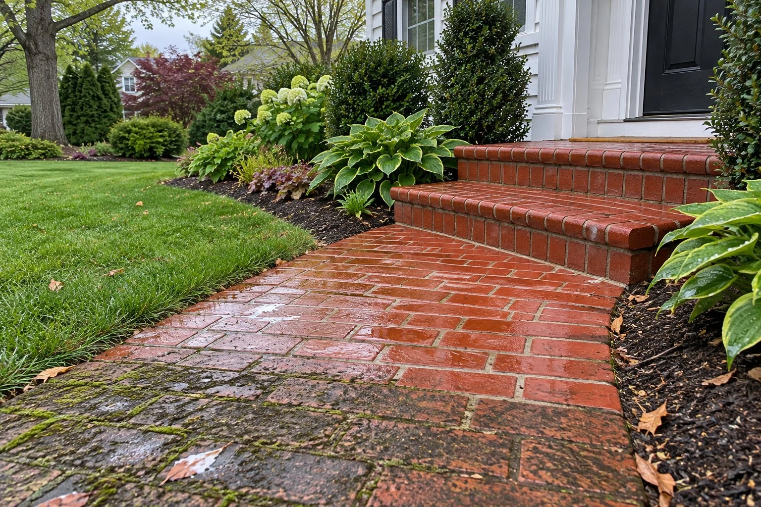 Brick front walkway and steps freshly washed, with the near stretch still dark with mildew